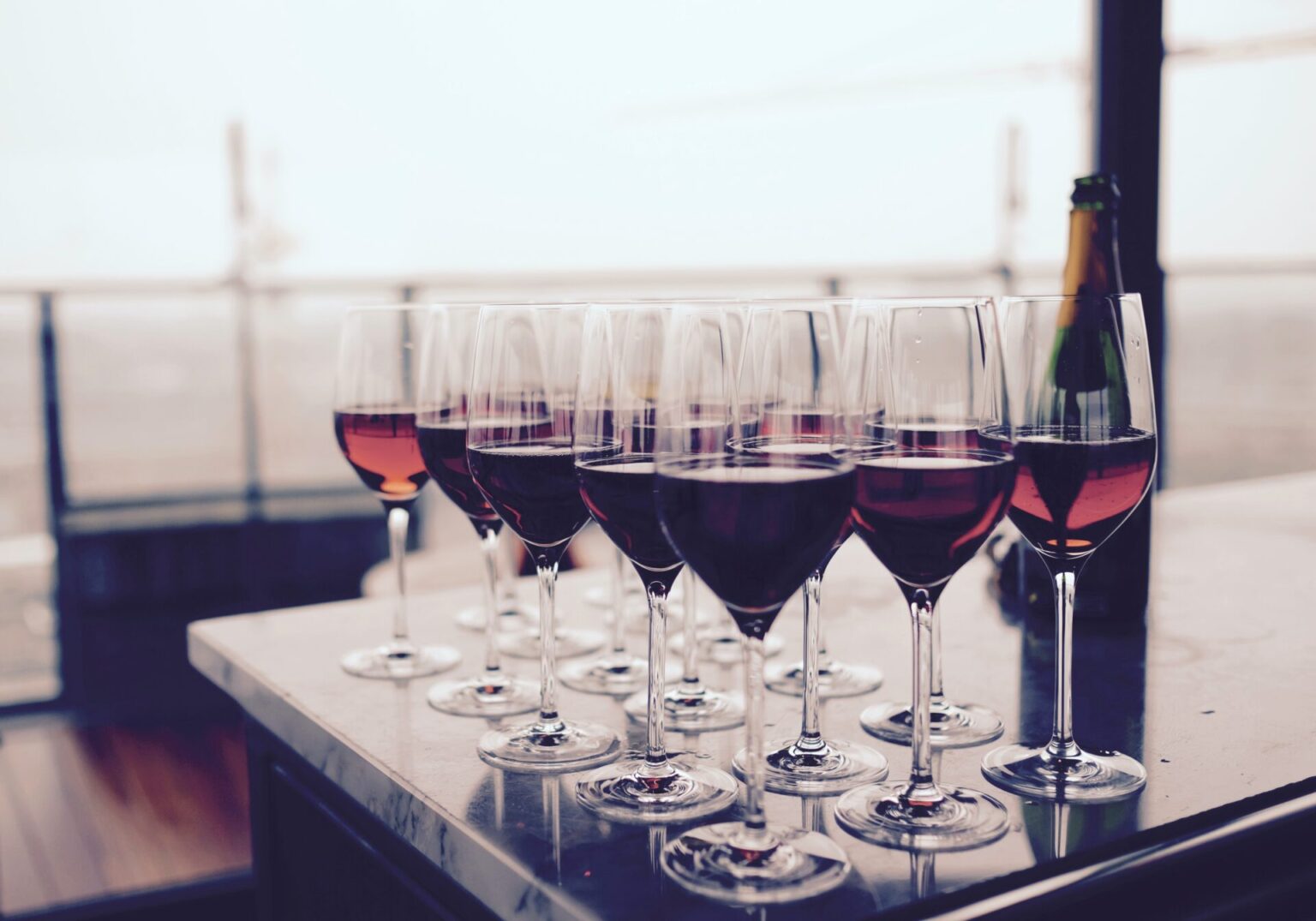 Wine glasses arranged for a tasting